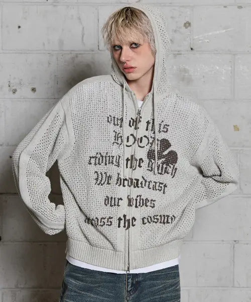 [HOODHOOD] Clover Lettering Skashi Knit Hood Zip-up OATMEAL / 클로버 레터링 스카시 니트 후드 집업 오트밀
