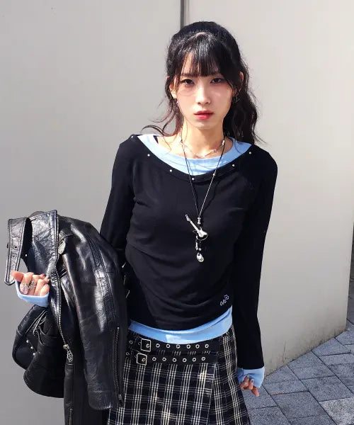 [OURSAYSOUR] V-Neck Layered Stud Slim Long Sleeve Black / V넥 레이어드 스터드 슬림 롱슬리브 블랙