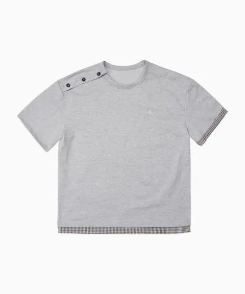 [DOFFJASON] Shoulder Button Check Layered T-shirt MELANGE GREY / 숄더 버튼 체크 레이어드 티셔츠 MELANGE GREY