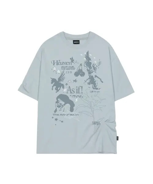 [ODDSTUDIO] Kitsch Stamp Pintuck Oversized T-shirt - GRAYISH BLUE / 키치 스템프 핀턱 오버핏 티셔츠 - GRAYISH BLUE