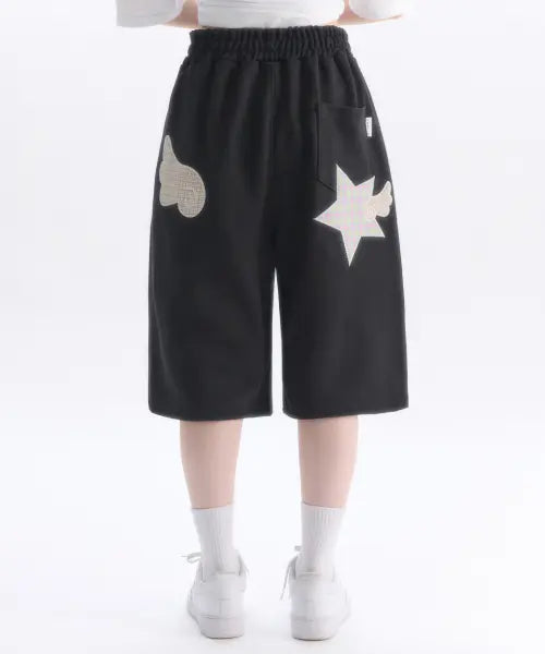 [AMBLER] Angel Star Patch shorts Bermuda Sweat Shorts ASP901 (Black) / Angel Star Patch Bermuda Pants 버뮤다 원턱 스웨트 숏츠 반바지 ASP901 (블랙)
