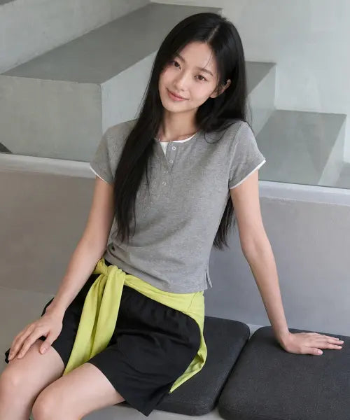 [GENERALIDEA] woman snap henley neck t-shirt [melange grey] / 스냅 헨리넥 티셔츠 [MELANGE GREY] / GF2LTS528