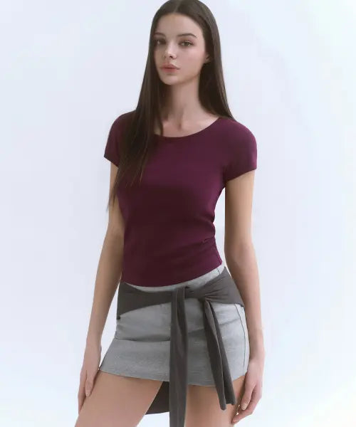 [MUSINSA STANDARD WOMAN] Women's Slim Scoop Neck Cap Sleeve T-Shirt [Plum] / 우먼즈 슬림 스쿱 넥 캡 슬리브 티셔츠 [플럼]
