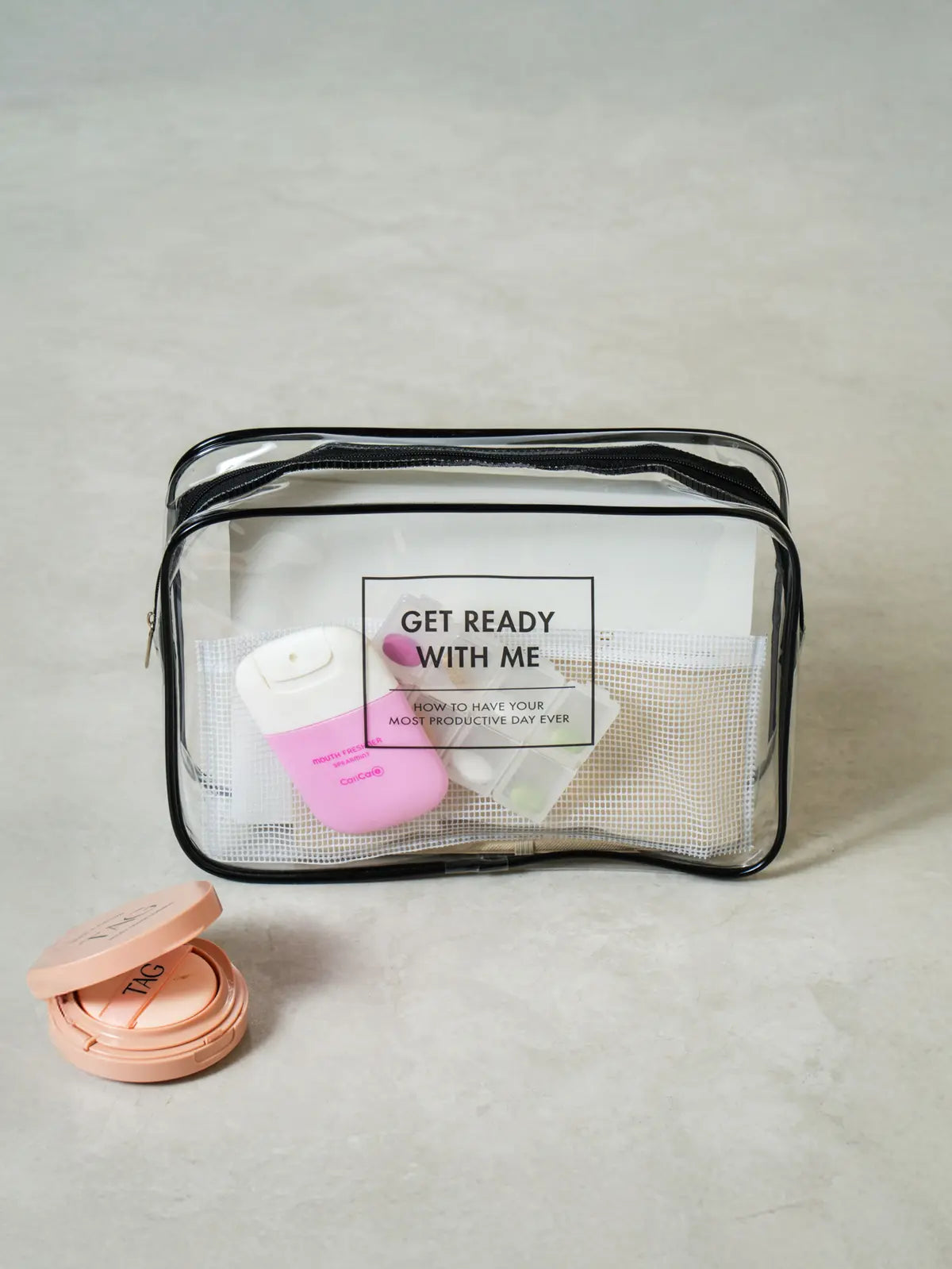 [DAISO] Mesh Pocket Transparent Pouch with Lettering / 메쉬 포켓 투명 파우치 레터링
