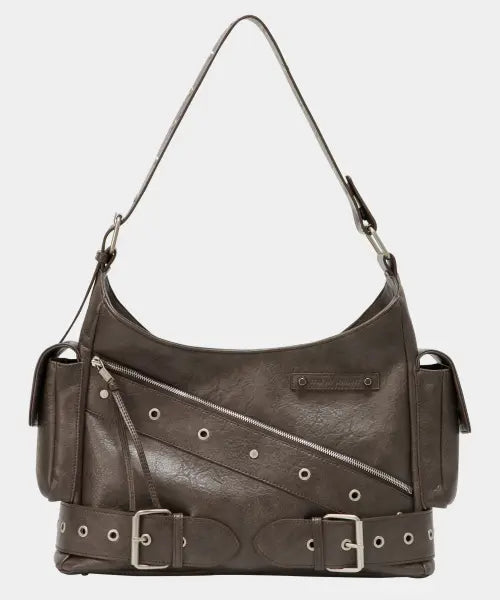 [ETRE AU SOMMET] Strap Belt Eyelet Cross Big Bag (Brown)