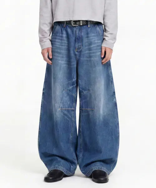 [AGOD] Snap Button Curved Pants [Medium Blue] / 스냅 버튼 커브드 팬츠 [미디엄 블루]