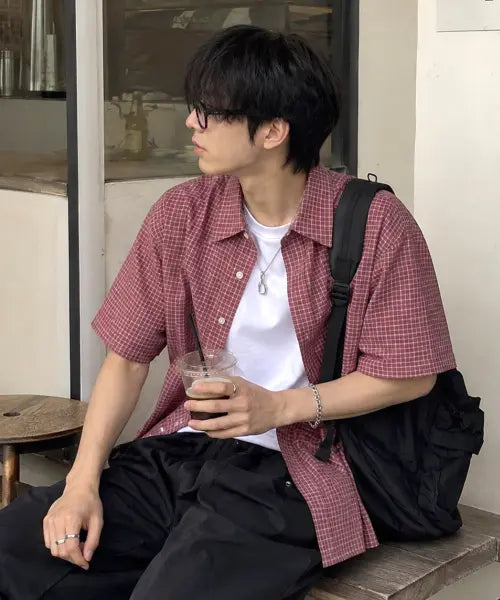 [SUPERSUB] UNISEX Cropped Short Sleeve Check Shirt - Pink / UNISEX 크롭 반팔 체크 셔츠 - 핑크