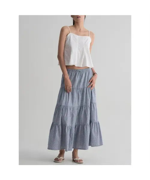 [8SECONDS] Gingham Check Tiered Long Skirt - Sky Blue / 깅엄 체크 캉캉 롱스커트  스카이 블루