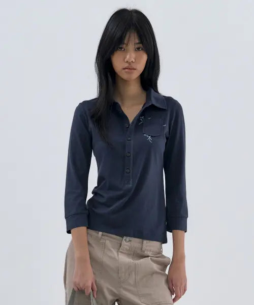 [WELLBEING EXPRESS] Button up 3/4 Sleeve Navy