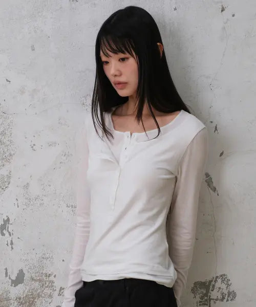 [DIVEIN WOMEN] LAYERED DOUBLE HENLEY NECK LONG SLEEVE (WHITE)
