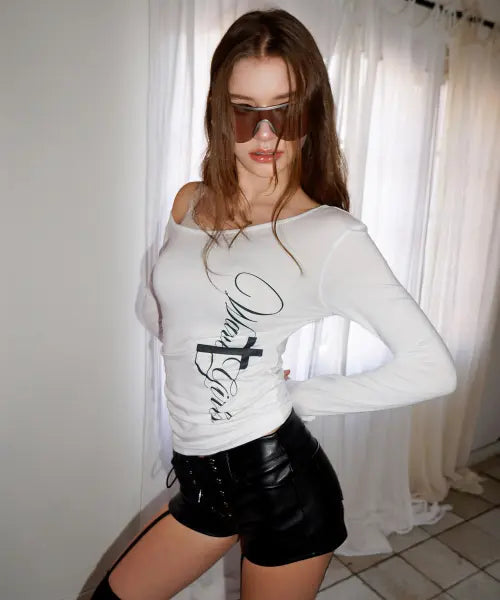 [WAVEGIRL] Cross One-Shoulder T-Shirt (4COLORS) / 크로스라인 원숄더 티셔츠 (4COLORS)