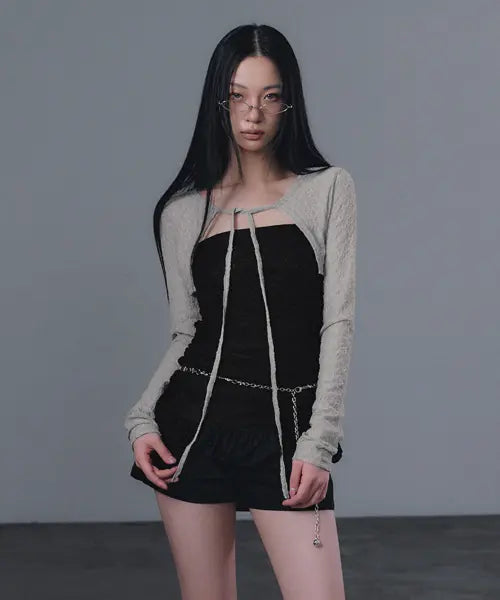 [GROWHIDE] Net Lace Strap Bolero Cardigan_Gray / 네트 레이스 스트랩 볼레로 가디건_그레이