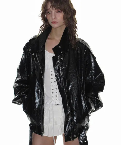 [CRANK] Faux Leather Belted Blouson Jacket_Black / 레더 벨티드 블루종 자켓_블랙