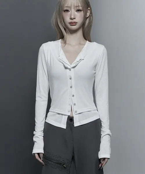 [ETRE AU SOMMET] U-Neck Double Button layered Cardigan (White)