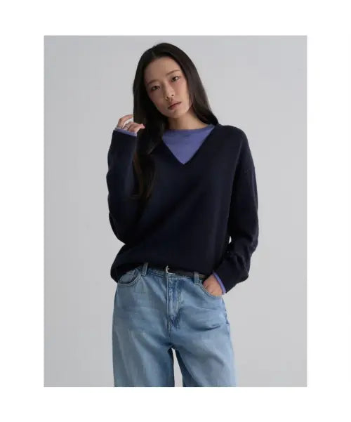 [8SECONDS] V-Neck Color-Block Pullover Navy / 브이넥 배색 풀오버  네이비