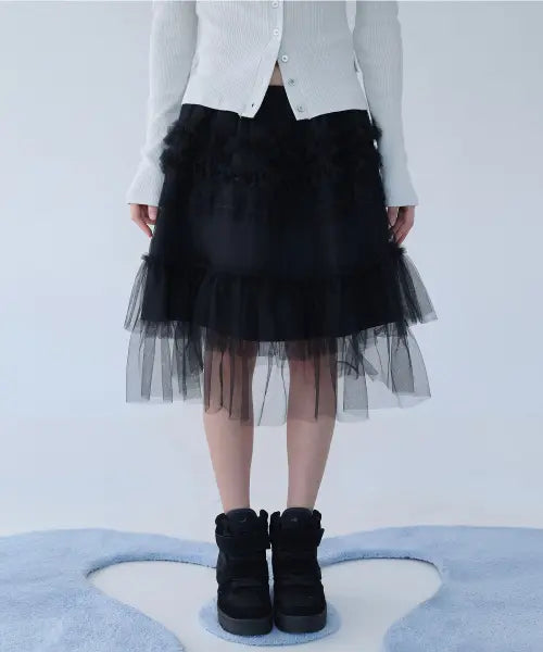 [MIRECO] TULLE FRILL MIDI SKIRT BLACK