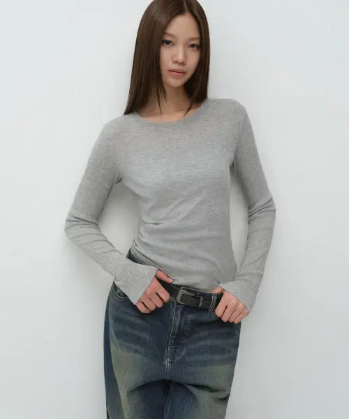 [MUSINSA STANDARD WOMAN] Women's Soft Ribbed Long Sleeve T-Shirt [Medium Grey] / 우먼즈 소프트 리브드 긴소매 티셔츠 [미디엄 그레이]