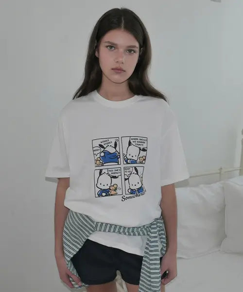 [SOMEWHEREBUTTER] Cartoon Pochacco Over-Fit Top - Ivory