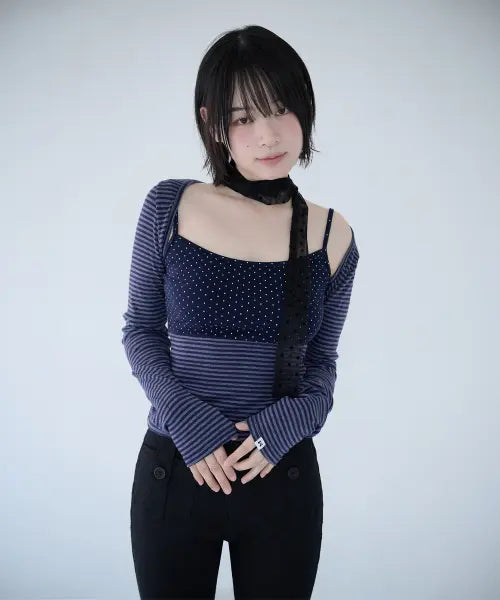 [MIRECO] MIXED PATTERN CAMI \u0026 BOLERO SET NAVY