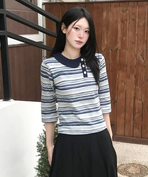 [RuNaKi'Hu'] Camomille Stripe 7/10 Sleeve Polo T-Shirt (Blue) / WXT090 카모미루 스트라이프 카라 7부 티셔츠 (BLUE)