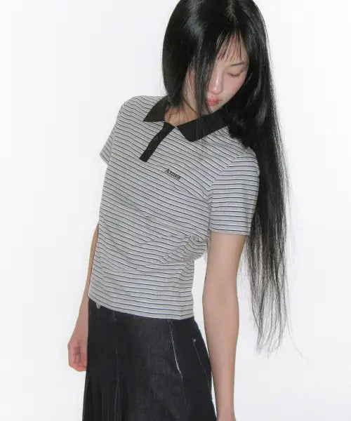 [AMES-WORLDWIDE] BASIC STRIPE COLLAR TEE GREY
