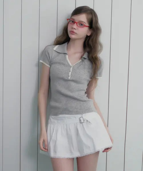 [TWEE] Celyn Colorblock Collar Short Sleeve Knit / 셀런 배색 카라 반팔 니트