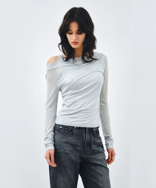 [MONGDOL] One Shoulder Draping Layered T-shirt Sky Blue / [SET] 원숄더 드레이핑 레이어드 티셔츠 스카이블루 MDTS088SKYBLUE