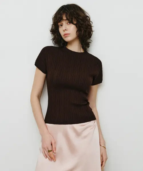 [MONGDOL] Whole Garment Half-Neck Pleats Knit Top Brown / 홀가먼트 하프넥 플리츠 니트 탑 브라운 MDKT107BROWN