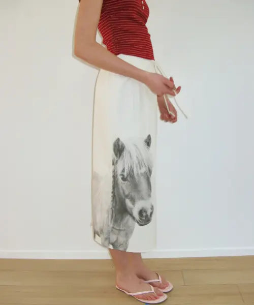 [RONRON] PONY CAT PRINT TUBE TOP SKIRT IVORY