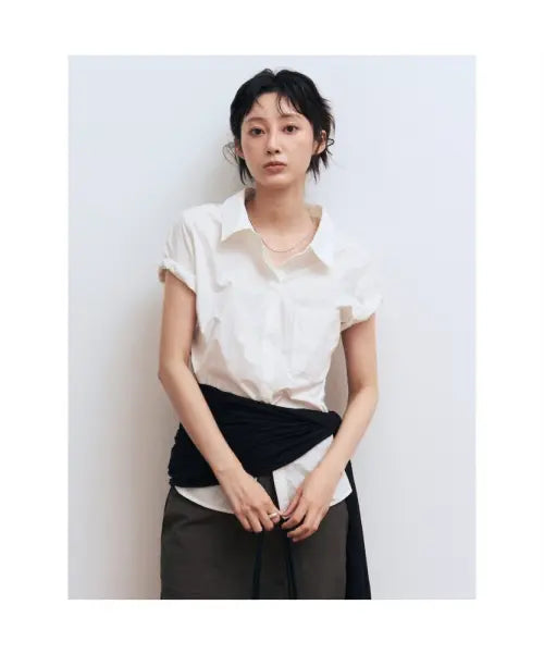 [8SECONDS] Open Collar Slim Fit Short Sleeve Shirt - White / 오픈칼라 슬림핏 반팔 셔츠  화이트