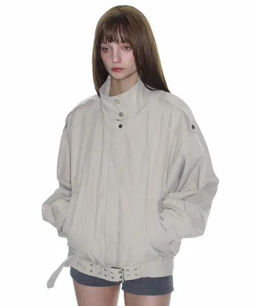 [CRANK] High Neck Belted Blouson Jacket_Beige / 하이넥 벨티드 블루종 자켓_베이지