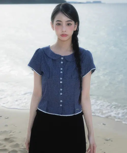 [ROSEFRANTZ] Round Collar Short Sleeve Blouse [Navy]