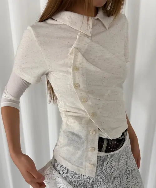 [CHICKS] Stand Collar Asymmetric Shirt - Oatmeal / 스탠 카라 언발 셔츠 오트밀