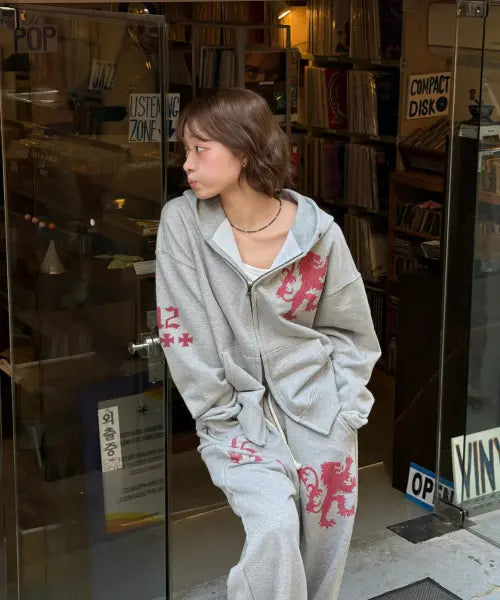 [AMOU] Lion Zip-Up Hoodie - Gray / Lion Hoodie Zip-up GRAY