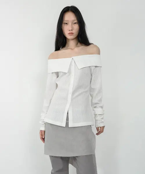[NACHE] STRIPED OFF SHOULDER SHIRT WHITE
