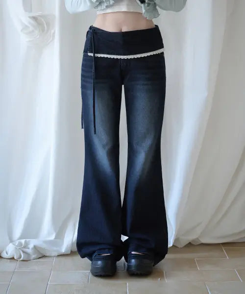 [MIRECO] LAYERED LACE WRAP DENIM PT DARK BLUE