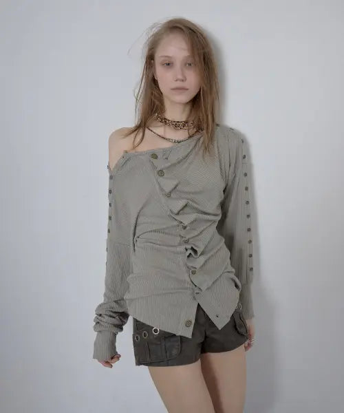 [ASYMMETRY] Rough Edge Ruffle Cardigan / Khaki