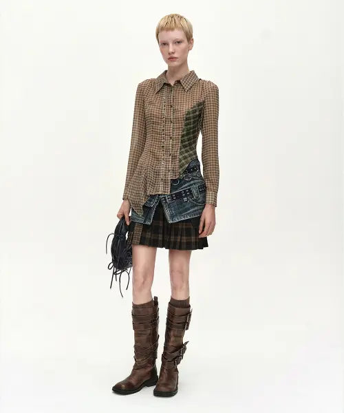 [ADSB ANDERSSON BELL] ASYMMETRIC STUDDED MESH SHIRT (BROWN)