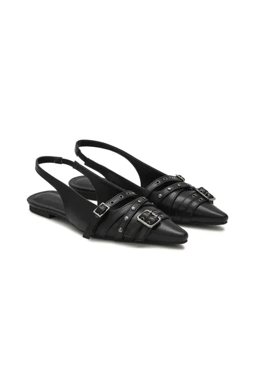 [DEINET] BUCKLE STUD AND EYELET SLINGBACKS IN BLACK