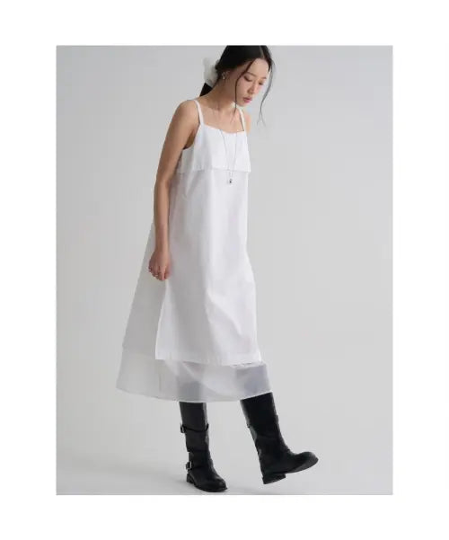 [8SECONDS] Sheer Layered Long Dress - White / 시어 레이어드 롱 원피스  화이트