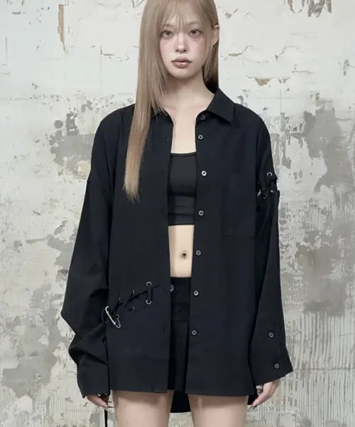 [ETRE AU SOMMET] Eyelet Point Oversized Shirt (Black)