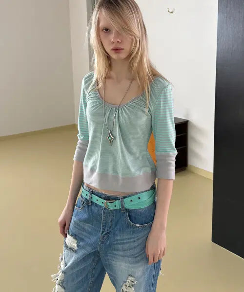[HERETIC] BUTTON STRIPE ASYM HENLEY T-SHIRT / mint