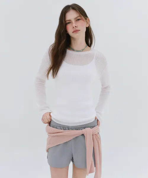 [MUSINSA STANDARD WOMAN] Women's Linen Blend Ribbed Sheer Knit [White] / 우먼즈 린넨 블렌드 리브드 시어 니트 [화이트]