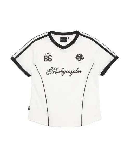 [MARK GONZALES] Women's Football Uniform Cropped Short Sleeve T-Shirt - White / 우먼즈 풋볼 유니폼 크롭 반팔 티셔츠 - WHITE