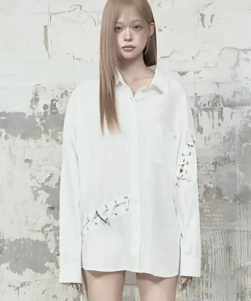 [ETRE AU SOMMET] Eyelet Point Oversized Shirt (White)