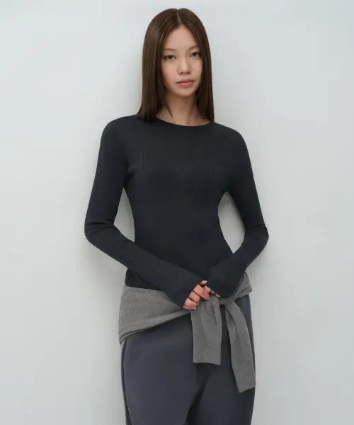 [MUSINSA STANDARD WOMAN] Women's Soft Ribbed Long Sleeve T-Shirt [Dark Navy] / 우먼즈 소프트 리브드 긴소매 티셔츠 [다크 네이비]