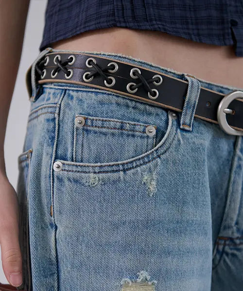 [ORDES] EYELET LACE -UP LEATHER BELT - BLACK / 아일렛 레이스 업 레더 벨트 - 블랙