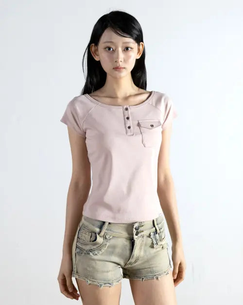 [MAGORENSEOUL] Pocket Henley Neck T-Shirt Pale Pink / 포켓 헨리넥 티셔츠 페일 핑크