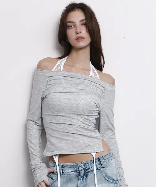 [PLEASENOFOLLOW] Seni Long Off-Shoulder Top (White Melange)