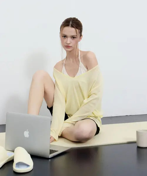 [OONE] Ease Deep V-neck Long Sleeve T-Shirt_Lemon